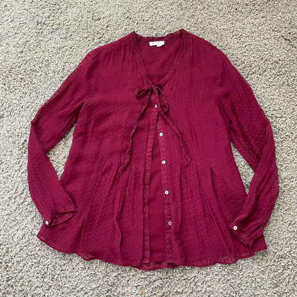 Meadow Rue Anthropologie Red Silk Blend Button Up Blouse Neck Tie Clip Dot sz M - Picture 12 of 14